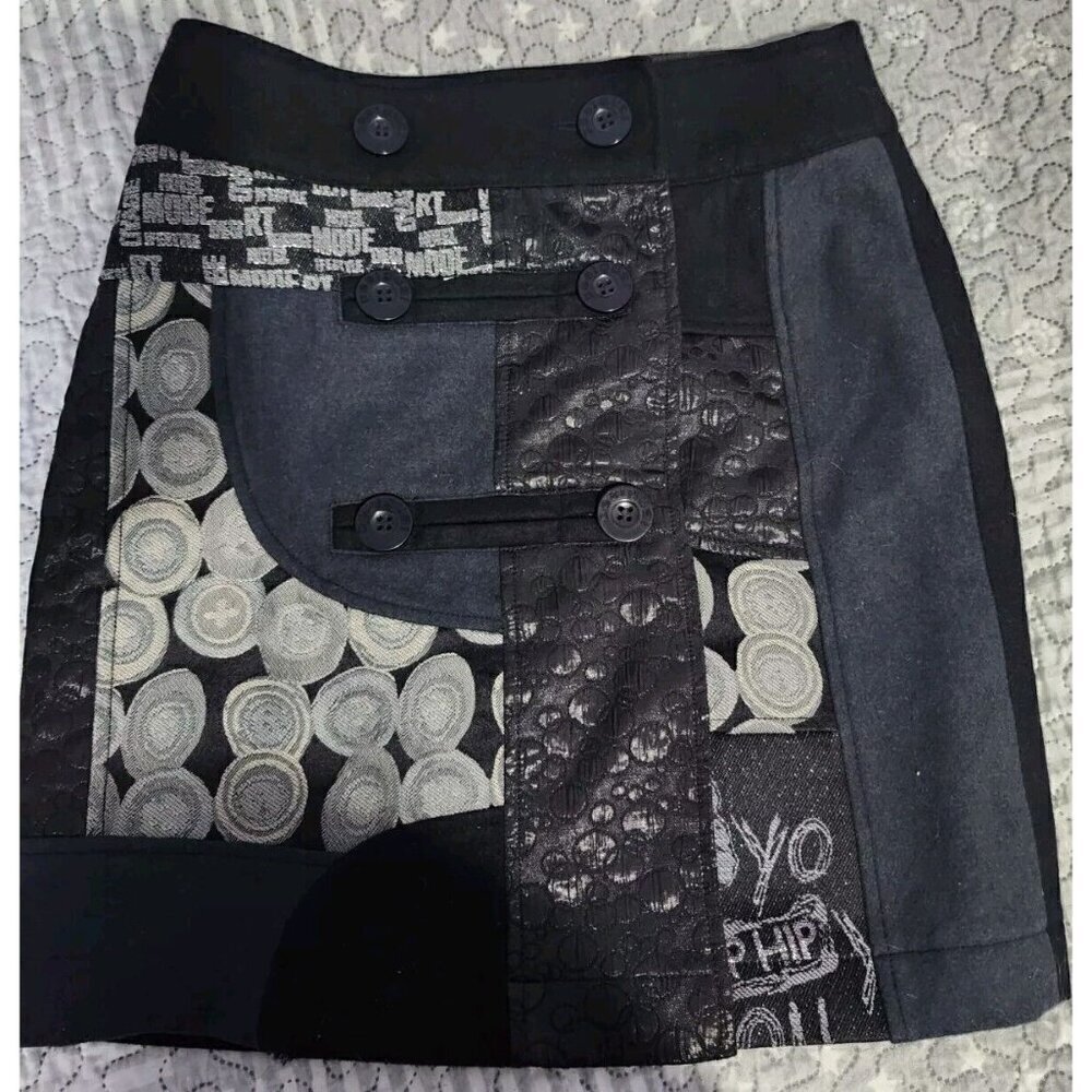 Desigual Womens Size XS Black Wool Blend Patchwork Button Front Mini Skirt - Picture 6 of 13